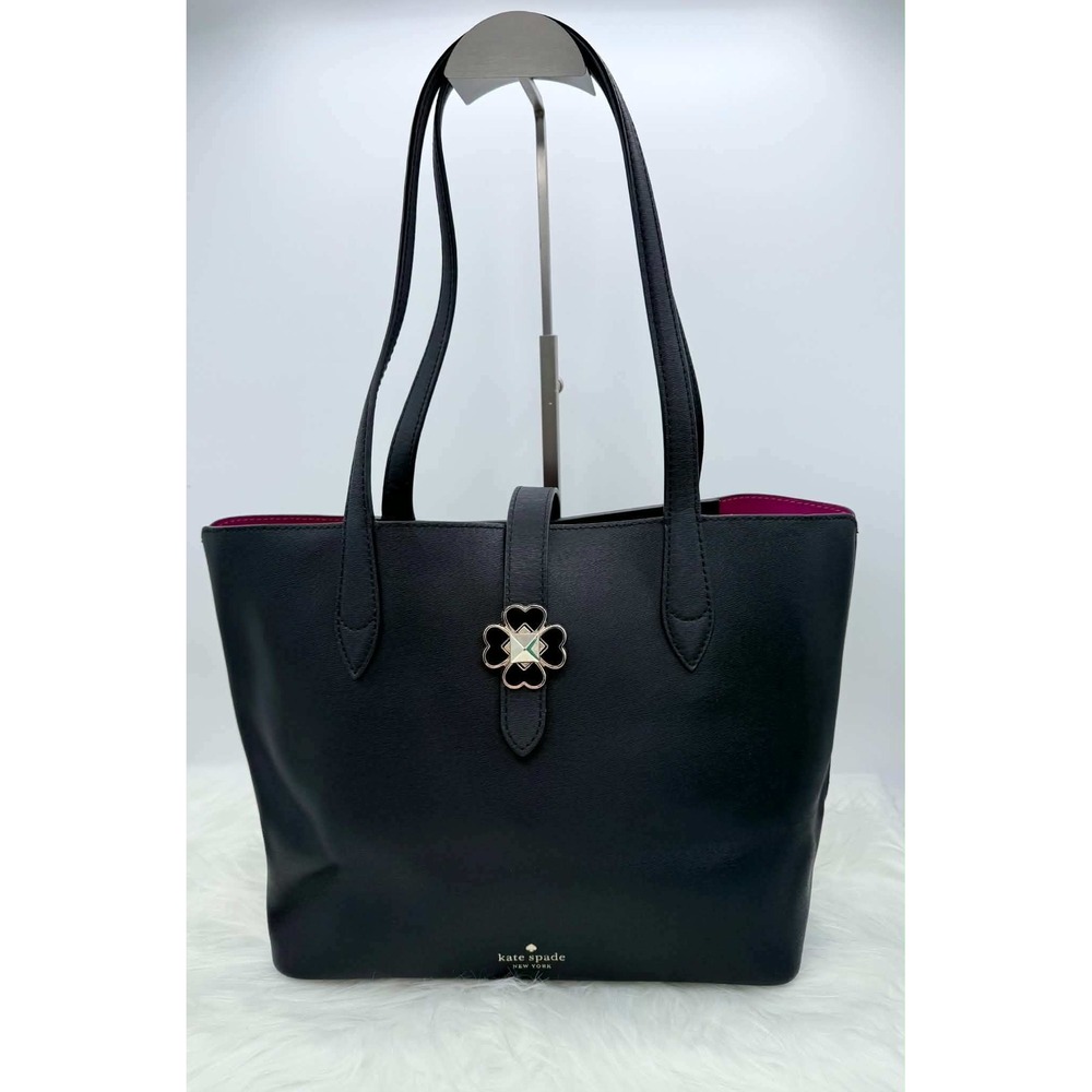Kate Spade Kaci Black Saffiano Leather Tote Bag Pink Interior Spade Clover Twist